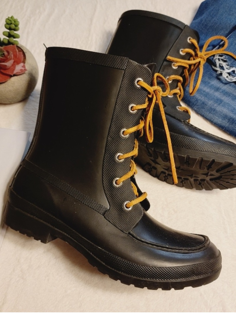 Sperry Women’s Waterproof Black Lace-Up Rain Boots | Mid-Calf Duck Style Boots 9